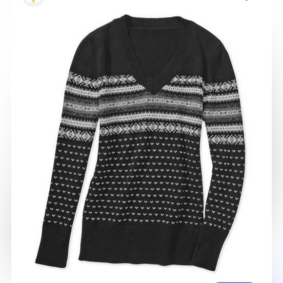 NWT Faded Glory Black & White‎ Fair Isle Print Christmas Sweater V-Neck Sz LG - Picture 1 of 7